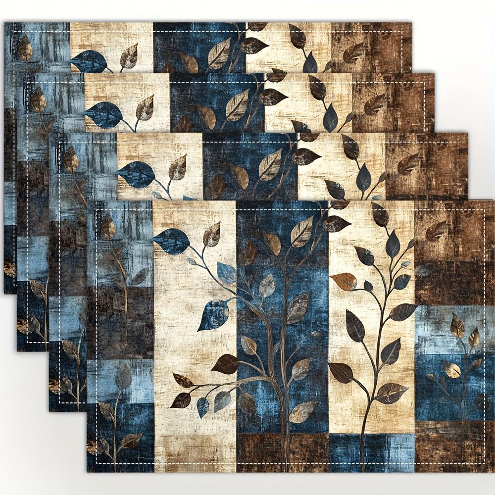 Set of 4 Placemats Featuring a Forest Patchwork Design in Blue, Brown, And Beige, Perfect for Dining Tables, Kitchens, Parties, Indoor Use, Holidays