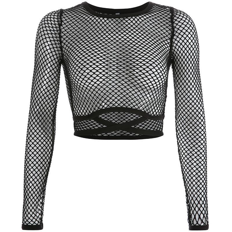 Black Mesh Long Sleeve Crop Top – Sexy Sheer Fishnet Round Neck Tie‑Front Slim Fit Women’s Clubwear