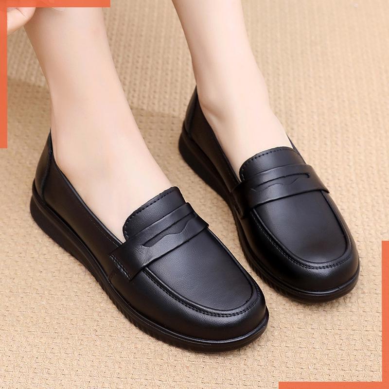 Chaussures de travail antidérapantes en cuir véritable pour maman - Noir, Semelle plate, Douces et confortables pour rester debout toute la journée
