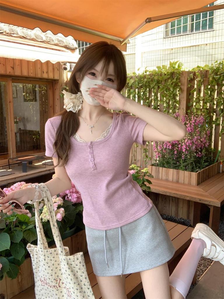 Summer Korean Style Sweet Square Neck Lace Trim Button Slim Fit Short Sleeve Top