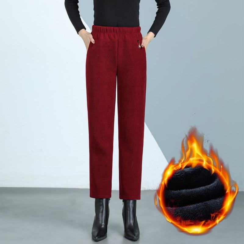 High-Waisted Corduroy Mom Pants with Velvet, Plus Size, for Middle-Aged & Elderly Women, Loose Straight-Leg Cropped Fit