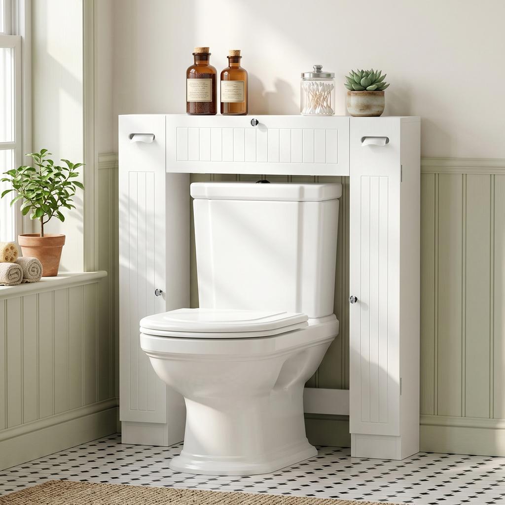Toilet Unit, 2 Cupboards, Pull-Out Drawer, Toilet Paper Holder, Adjustable Shelves, White