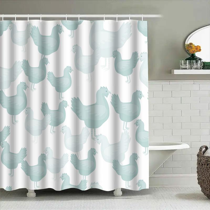 Chicken Print Shower Curtain Light Blue Fabric Bath Decor Waterproof Bathroom Accessories Decoration Size: 72X96 Inches (183Cm X