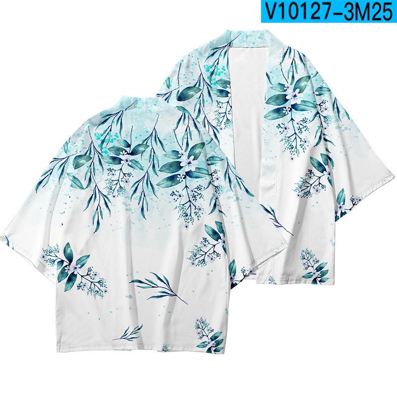 Chinese style 3D flower splicing creative cardigan seven-quarter sleeve cape kimono summer feather weaving home bathrobe pajamas men