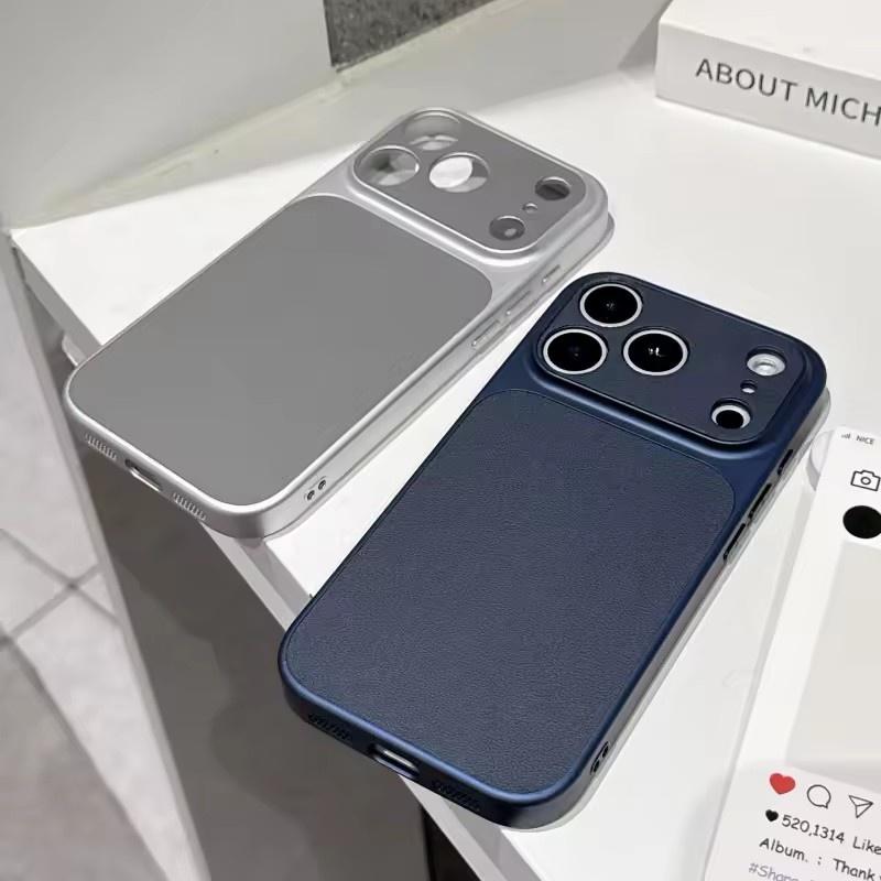 Luxury Leather Texture Hard Large Window Case for iPhone 17 Air 16 15 14 13 Pro Max Plus 17Promax Shockproof Matte Phone Cover