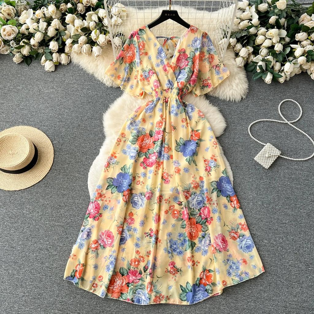 Abito Chiffon Stampato Sle Vacanza al Mare Donna Estate Nuovo Scollo a V Aderente in Vita Snellente Lunghezza Media Ampia Gonna a Ruota Moda