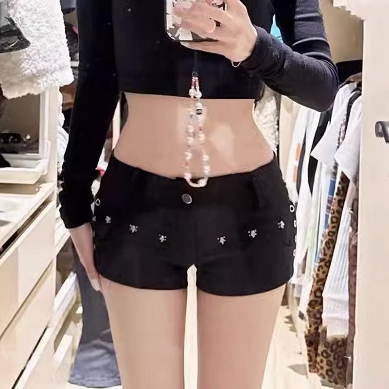 Internet Celebrity Wear the Same Hot Pants Female Hot Girl Y2g Vintage Club Low Waist Hip-Wrapped Rivet Denim Super Short Shorts