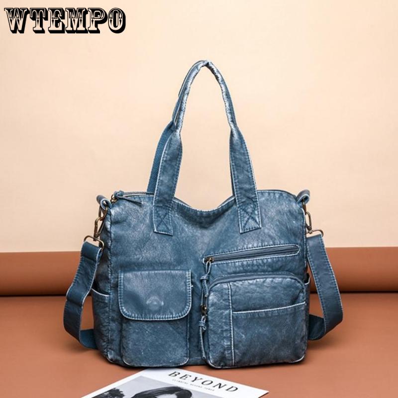 WTEMPO Retro sepraná kožená kabelka Módní Velkokapacitní vícekapsová Tote Bag Women