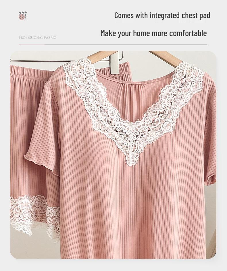 2025 Women's Summer Two-Piece Pajama Set: Short-Sleeved Top with Built-in Bra and Shorts, Outdoor-Friendly Pure Desire Style.