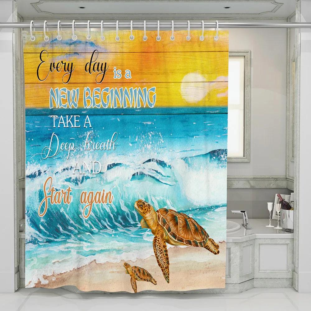 Full Moon Orchid On The Sea Landscape Shower Curtain Set Butterfly Marine Beach Turtle Wooden Board Background Bathroom Curtain