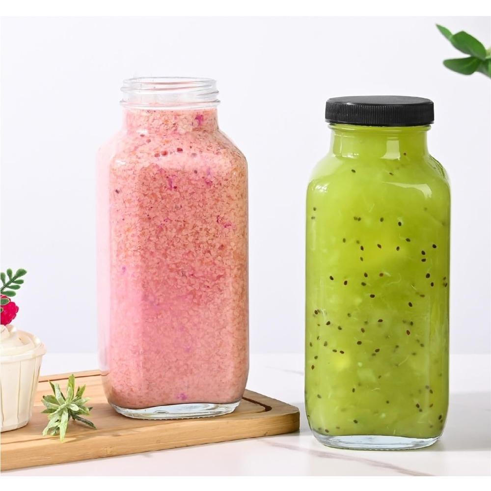 8pcs 16oz Glass Juice Bottles with 8pcs Lids - Reusable Juicing Bottles Glass Drinking Jars Containers with Airtight Lids & Cleaning Brush