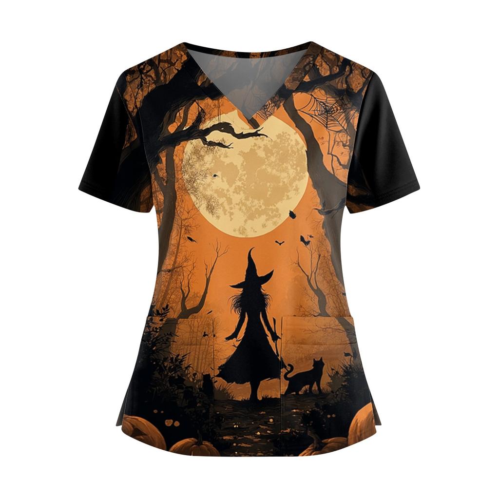 Women V Neck Short Sleeve Top with Dual Side Slits and Pockets Halloween Themed Printed Shirt for Professional Use