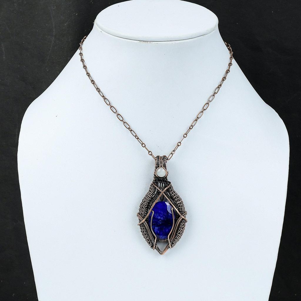 Pendentif Saphir Bleu Facetté Fil de Cuivre Enroulé Bijou Pendentif Pierre Précieuse Pierre de Lune Arc-en-Ciel Pendentif Cuivre Bijou Fait Main Cadeau de Fiançailles
