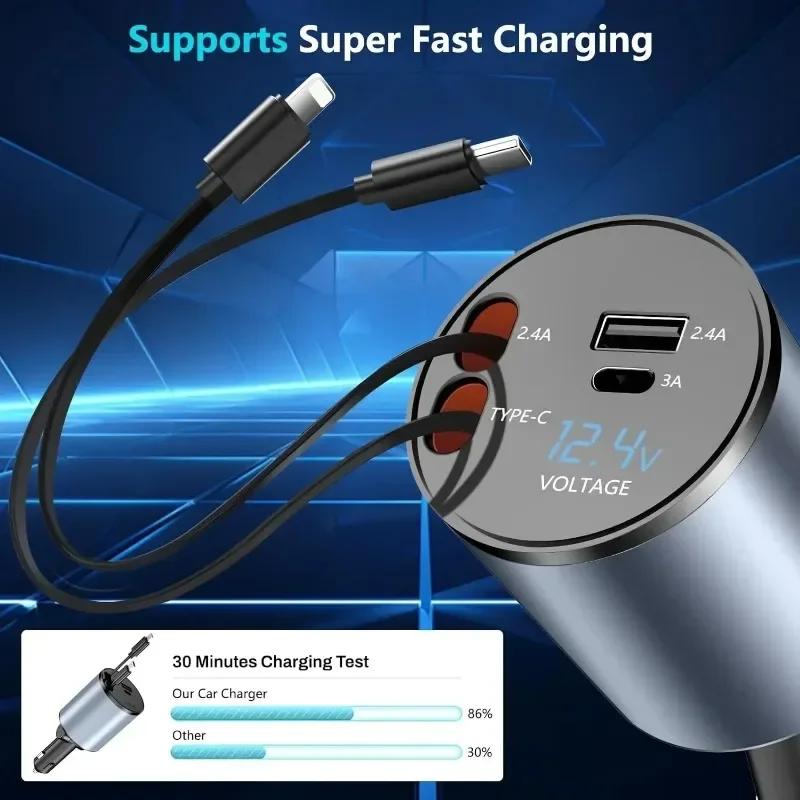 VIKEFON 4 In 1 120W Car Charger Retractable with Dual Retractable Cable Dual USB Ports Car Charger for iPhone 15 14 13 Pro Max