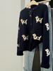 Women's Black Puppy Design Petite Round Neck Loose Knit Cardigan - Short, Thick, for Spring & Autumn.
