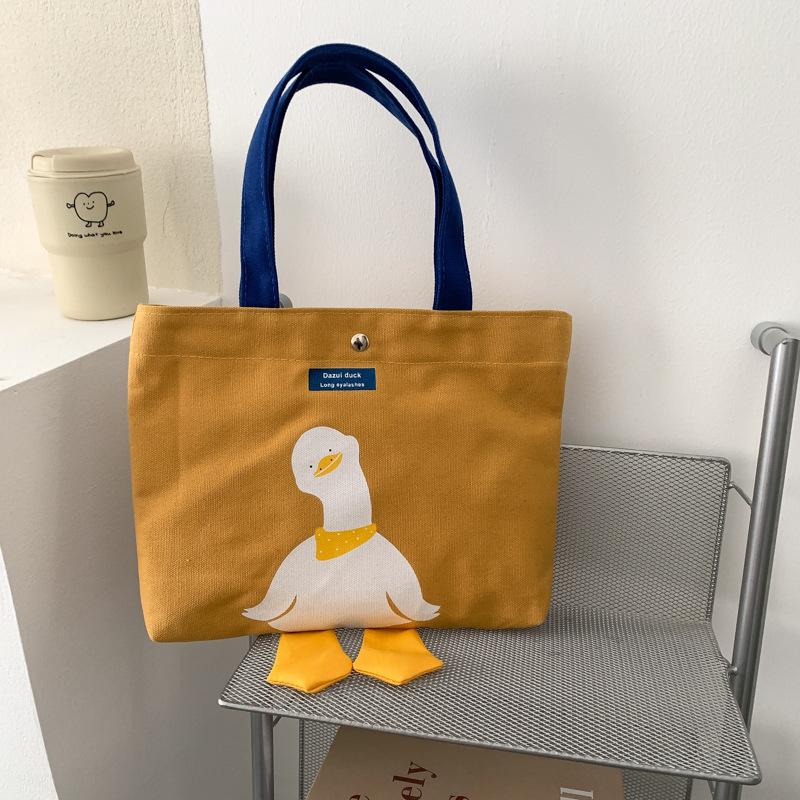 Cute Duck Canvas Tote Bag for Women, Small Handheld Shoulder Purse, Kawaii Cartoon Crossbody Bag for Daily Outings KTB