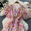Retro V-Ausschnitt Schmetterlingsärmel Druck Chiffon Elegantes Sommerkleid A-Linie Schlagärmel Urlaubsdruck Damenkleider