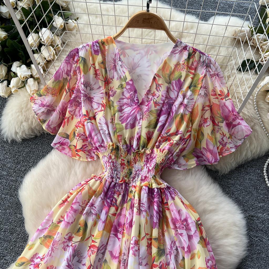 Retro V-Ausschnitt Schmetterlingsärmel Druck Chiffon Elegantes Sommerkleid A-Linie Schlagärmel Urlaubsdruck Damenkleider