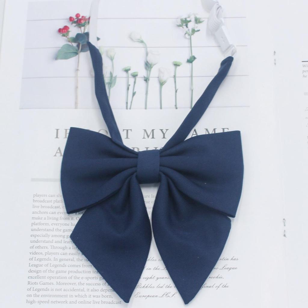 Matte Feder Fliege & Ansteckblume für Schülerinnen - Trendige marineblaue JK Fliege mit spitzem Schmetterlingsknoten