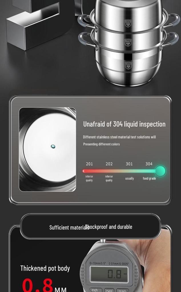 Large Capacity 304 Stainless Steel Steamer Pot with Thickened Multi-Layer Steaming Baskets for Household Use