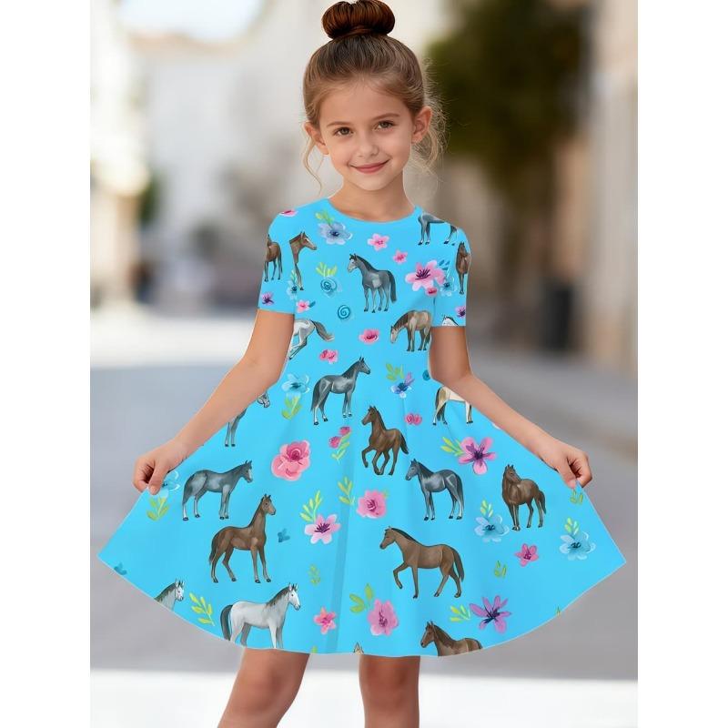 Children's Clothing Girl Cute Funny Animal Horse 3D Printed Graphic Summer Dresses Comfortable Crew Neck