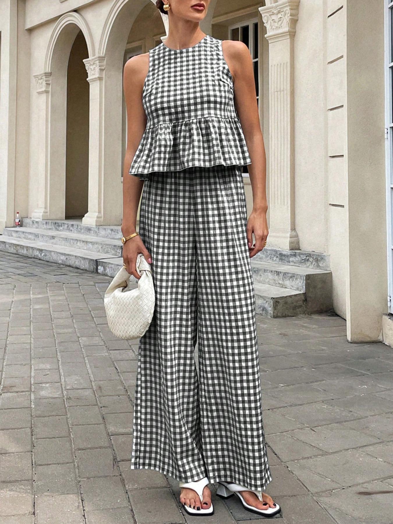 Elegant European Plaid Ruffled Two-Piece Suit with Round Neck for Women (Sleeveless) XXL чёрный