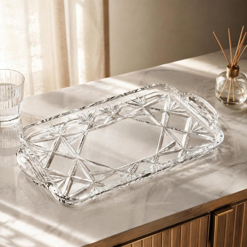 Rectangular Crystal Serving Tray Platter Decorative Tray with a Clear Body, Faceted Pattern and Raised Border for Arranging and Presenting Household