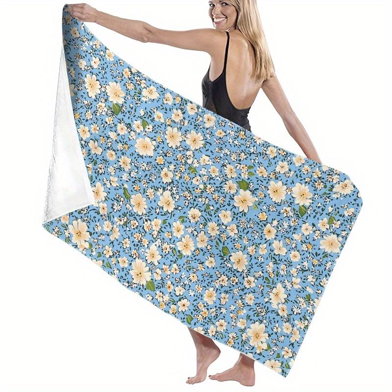 1pc Vintage Floral Beach Towel - Seamless Microfiber, Soft & Durable, Light Blue with White & Yellow Flowers, Dark Green Leaves