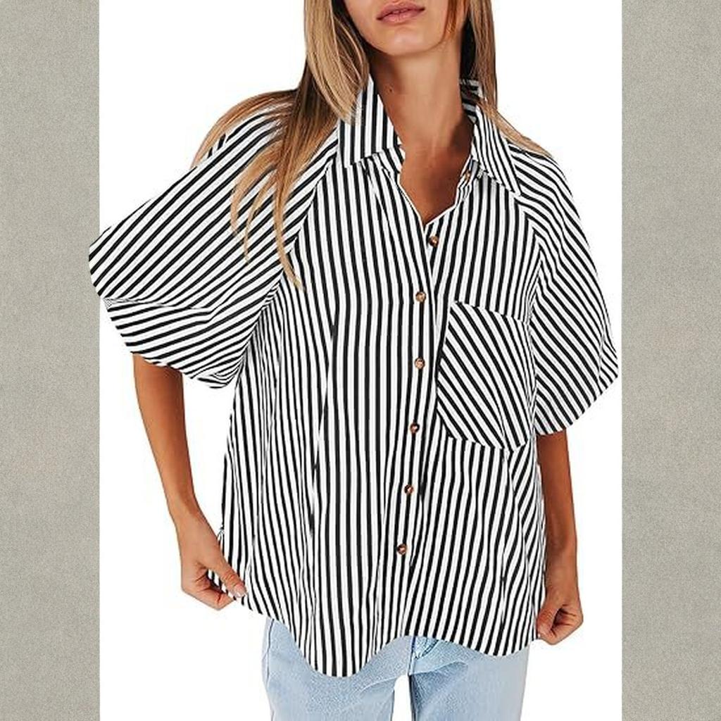 Women's Striped Fashionable Casual Loose Shirt With A Lapel Pocket Top