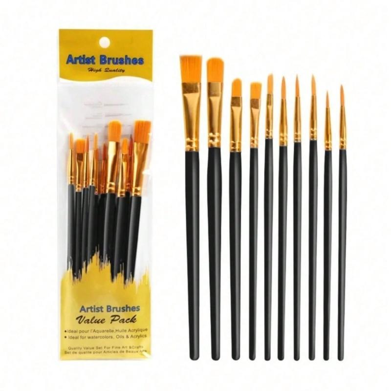 10pcs 2025 New Plastic Handle 10 Pieces Painting Brush Set, Hand Painting, Art Brushes Set / Slight Glue Overflow Is Inevitable