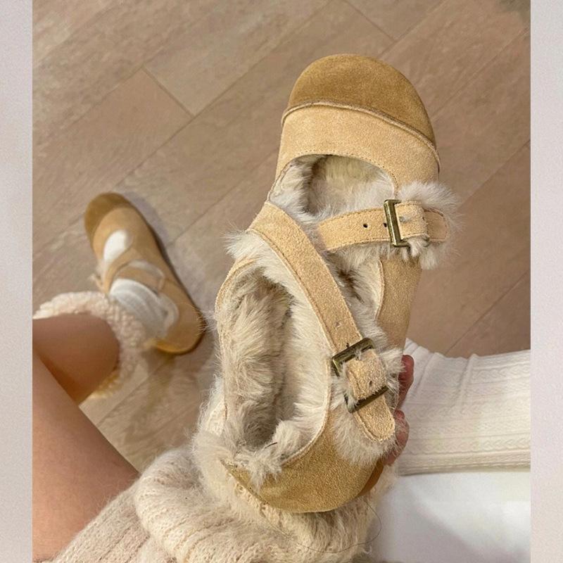 

Уродливые милые туфли Мэри Джейн на плоской подошве женские туфли 2025 года новые осенне-зимние пушистые туфли плюшевые теплые хлопковые туфли 40