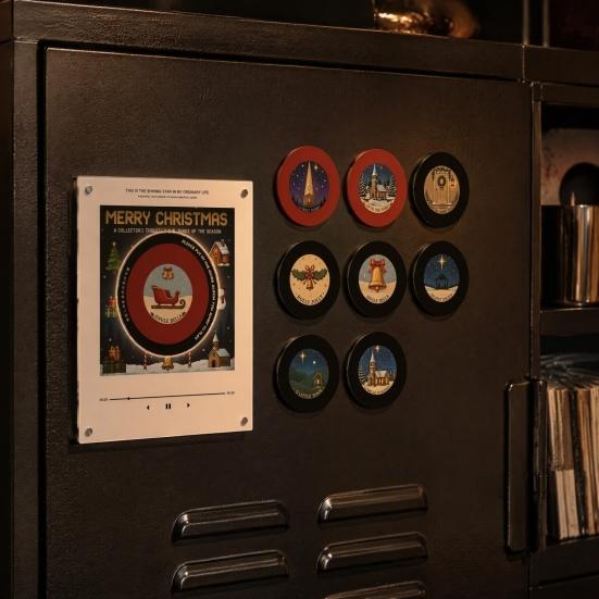 Vintage Style Desk Accessory Programmable Vinyl Record Player Fridge Magnet with 9 NFC Music Records, Retro Aesthetic Magnetic Office Atmosphere Decor