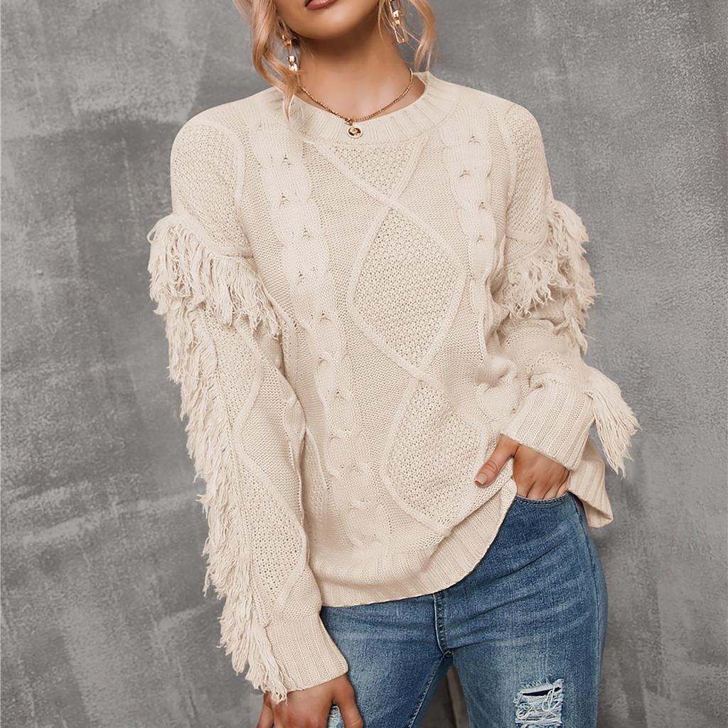 Women's Sweater Casual Round Neck Knit Solid Color Long-sleeved Tassel Pullover
