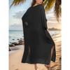 Solid Color Split Cover Up Dress, V Neck Loose Fit Half Sleeves Beach Kaftan, Women's Swimwear & Clothing