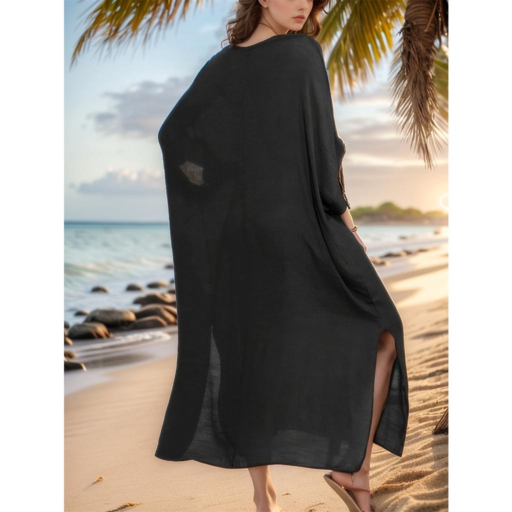 Solid Color Split Cover Up Dress, V Neck Loose Fit Half Sleeves Beach Kaftan, Women's Swimwear & Clothing
