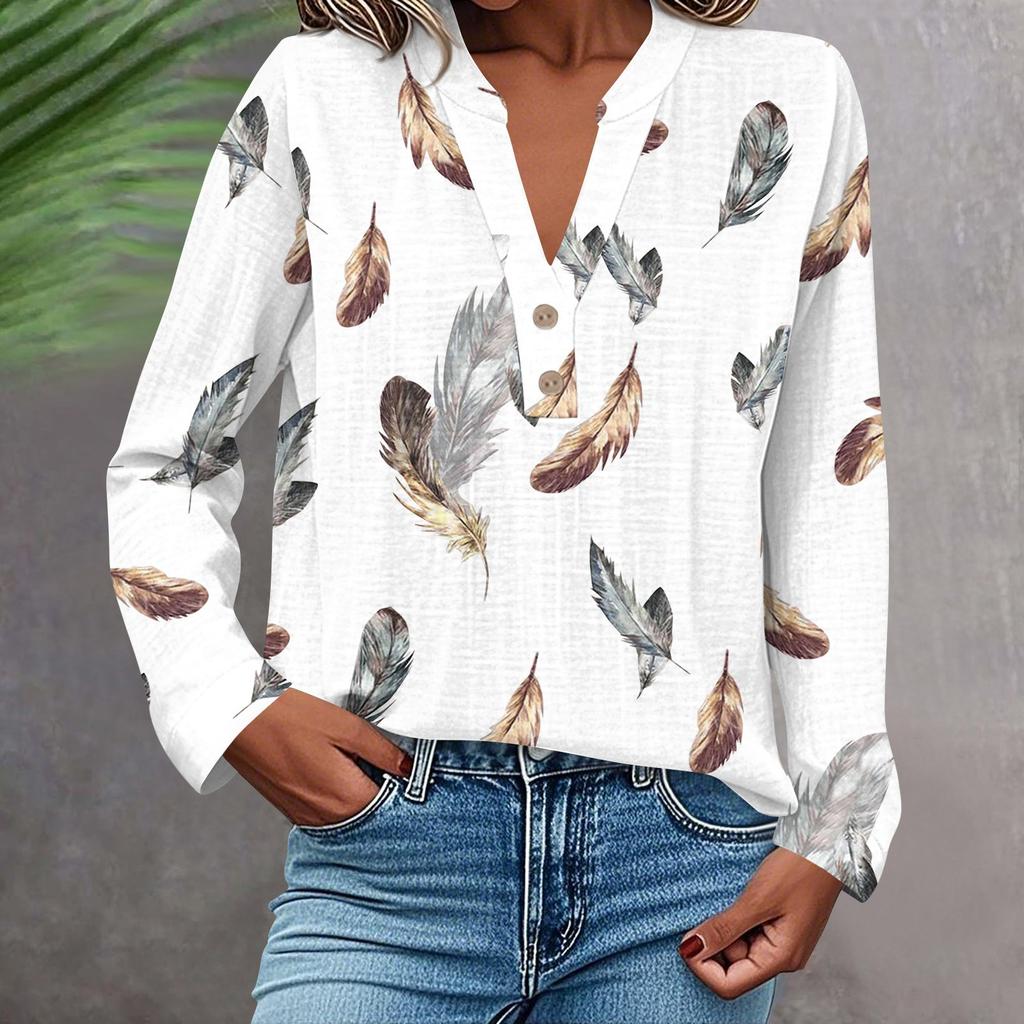 Women's Fashionable And Casual Shirt Long Sleeve V-neck Button Printed Blouse Top