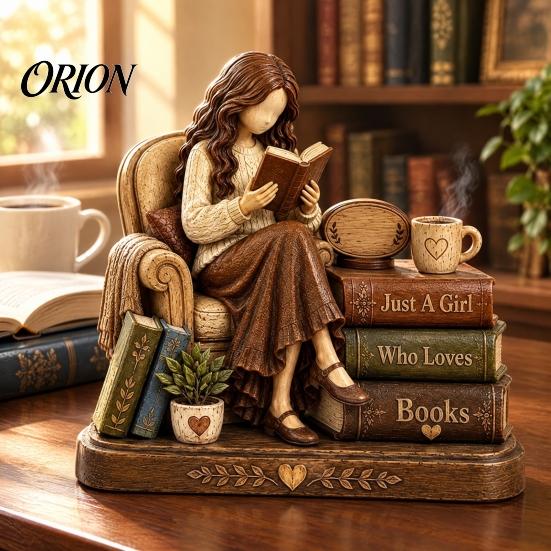 Detailed Wooden Craftsmanship 2D Flat Reading Girl Figurine with Stacked Book Design for Lovers, Small Ornament Bedside Table Decorative Tabletop