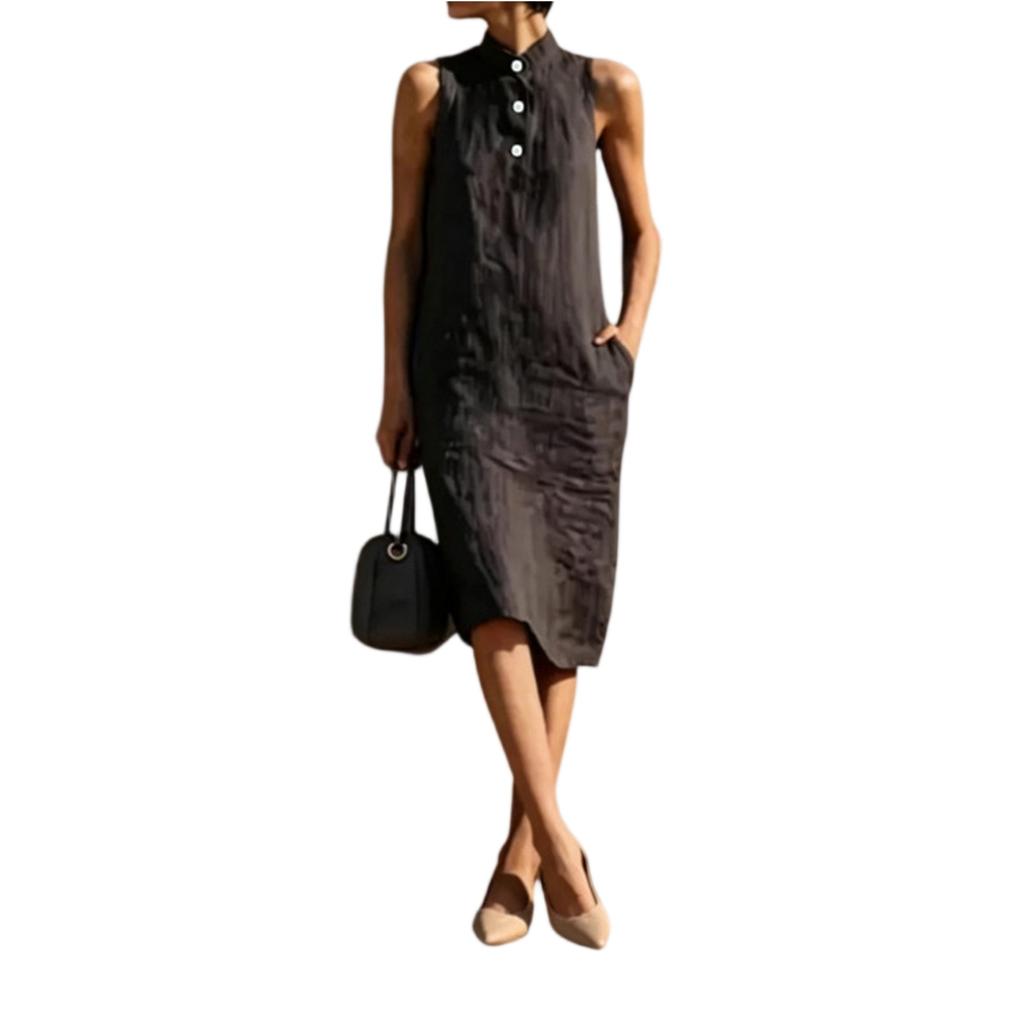 Sleeveless Loose Fit Summer Dress Midi Length Button Front Stand Collar Casual Lightweight Dress for Women