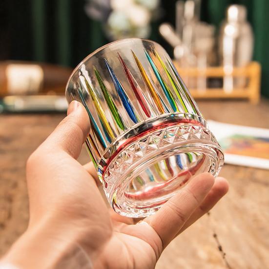 Bicchiere Colorato in Vetro Dipinto a Mano, Tumbler da Whiskey Inciso a Strisce, Bicchieri da Liquore Vintage per Home Bar Festa