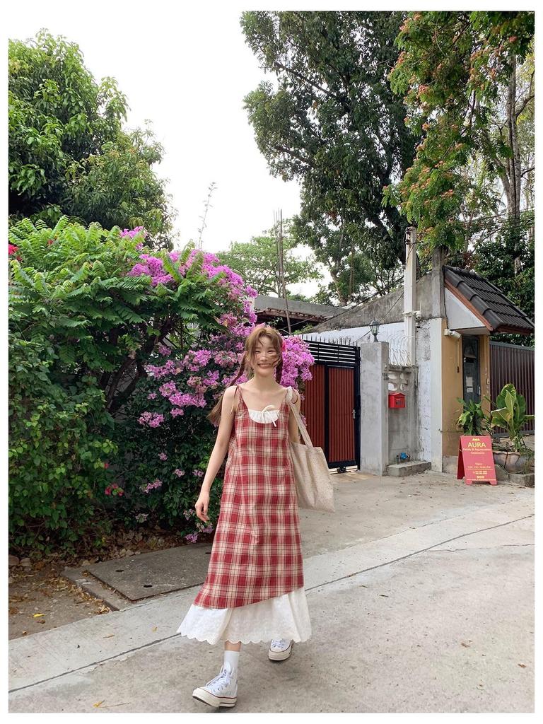 Red Plaid Lace Spaghetti Strap Dress - Women's Summer Beach Holiday Style