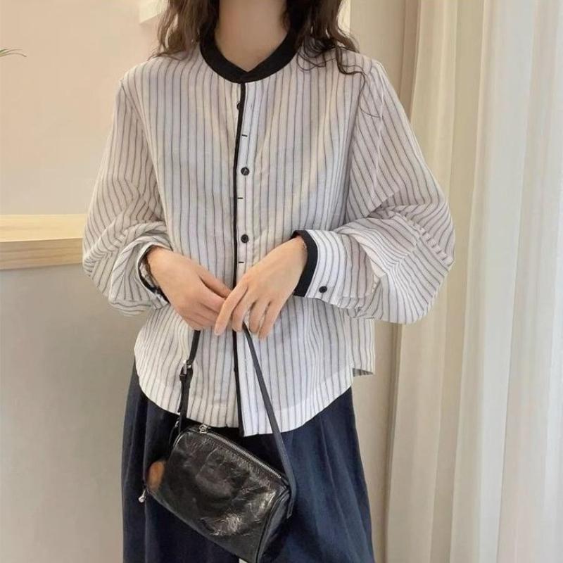 Women's Striped Shirt Ladies' Round Neck Lantern Long Sleeved Blouse Autumn New Version Korean Style Loose Versatile Casual Top