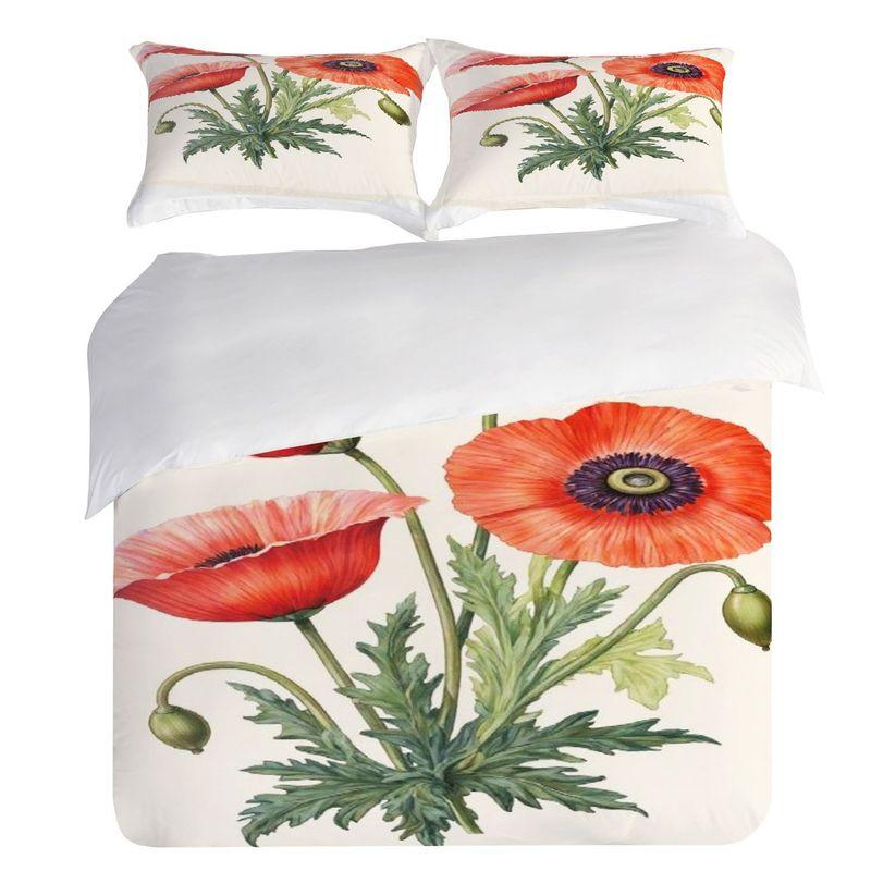 Spring And Summer Theme Pillowcase Duvet Cover 3 Piece Bedding Set Four Red Flower Pattern Washable Durable