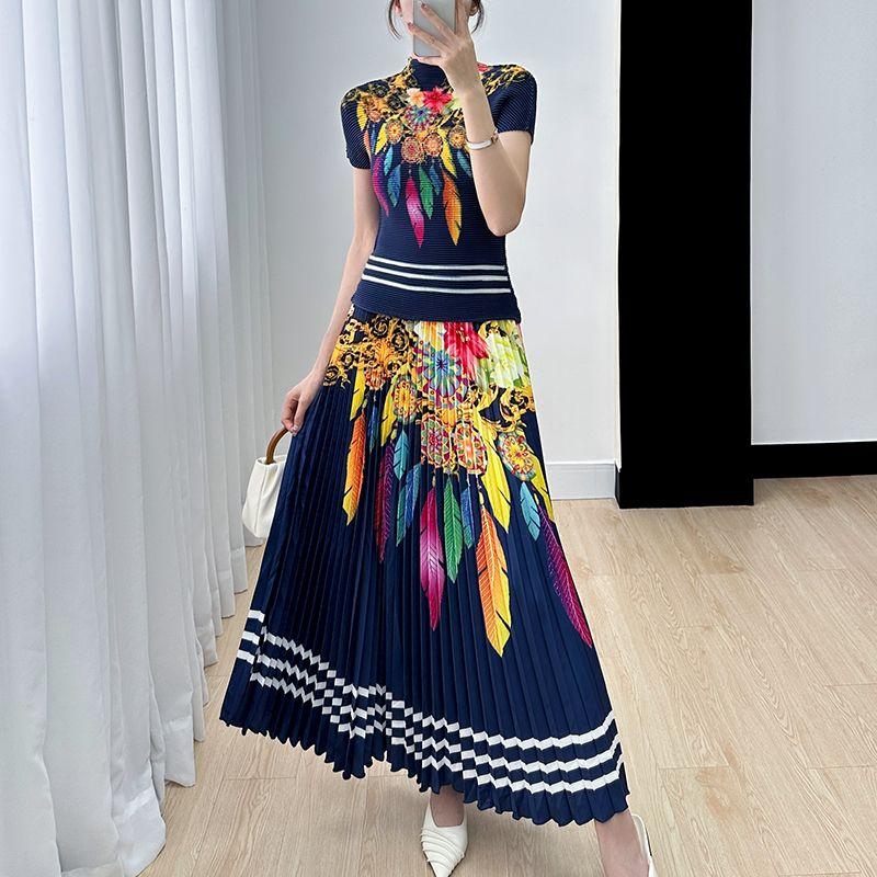 

Ретро комплект, летний новый топ с короткими рукавами + плиссированная юбка с принтом, комплект из двух предметов One Size синий