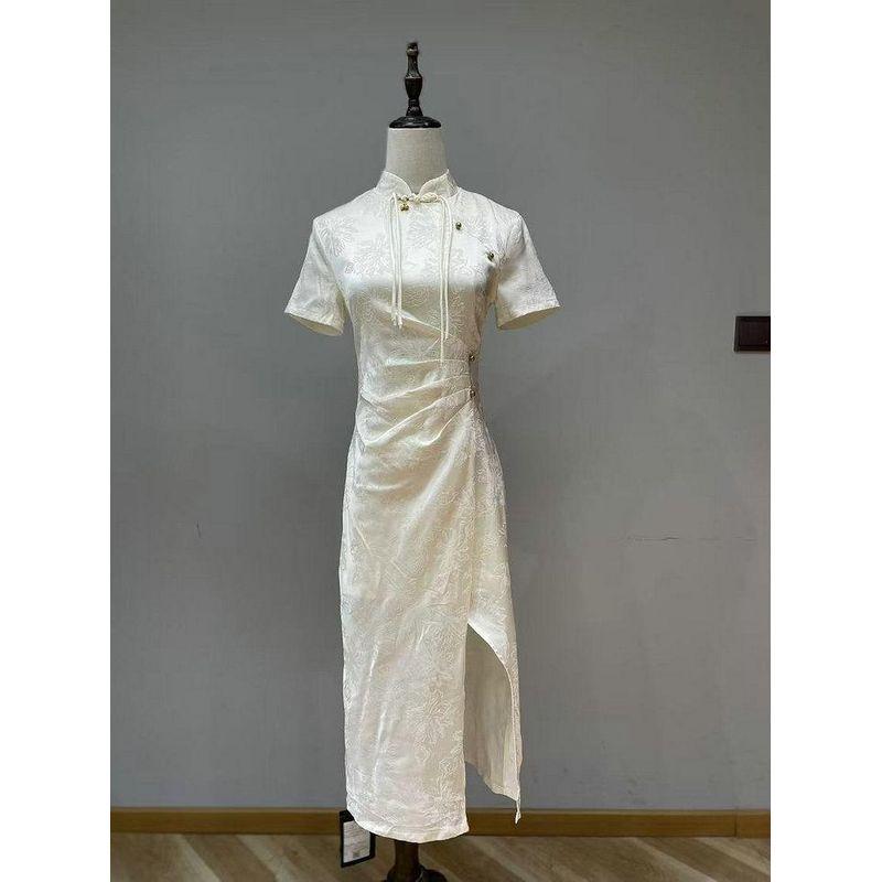 2024 Autumn New Cold Style Improved Cheongsam New Chinese Exquisite Buckle Short sleeve Side Slit Dress
