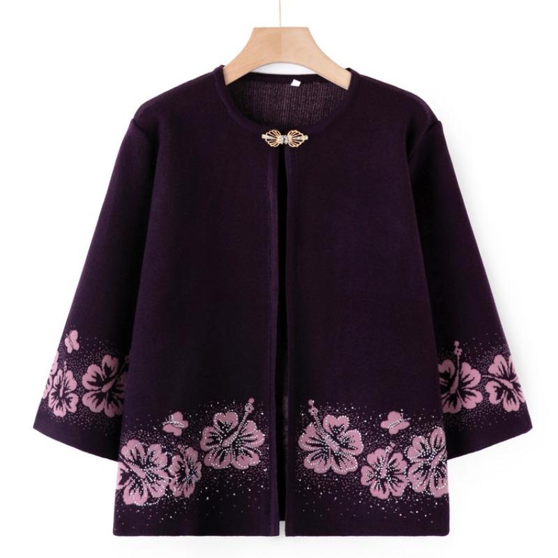 Middle-aged and Elderly Mothers Wear Autumn Mother-in-law Knitted Sweater Two-piece Set Grandma Cape Jacket the Elderly Set Cardigan