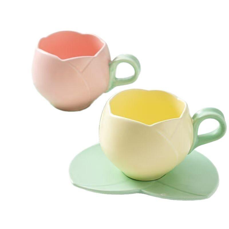 Tulip-Shaped Ceramic Coffee Cup & Saucer Set with Leaf Coaster, 100ml Elegant Espresso Tea Cups, Aesthetic and Practical
