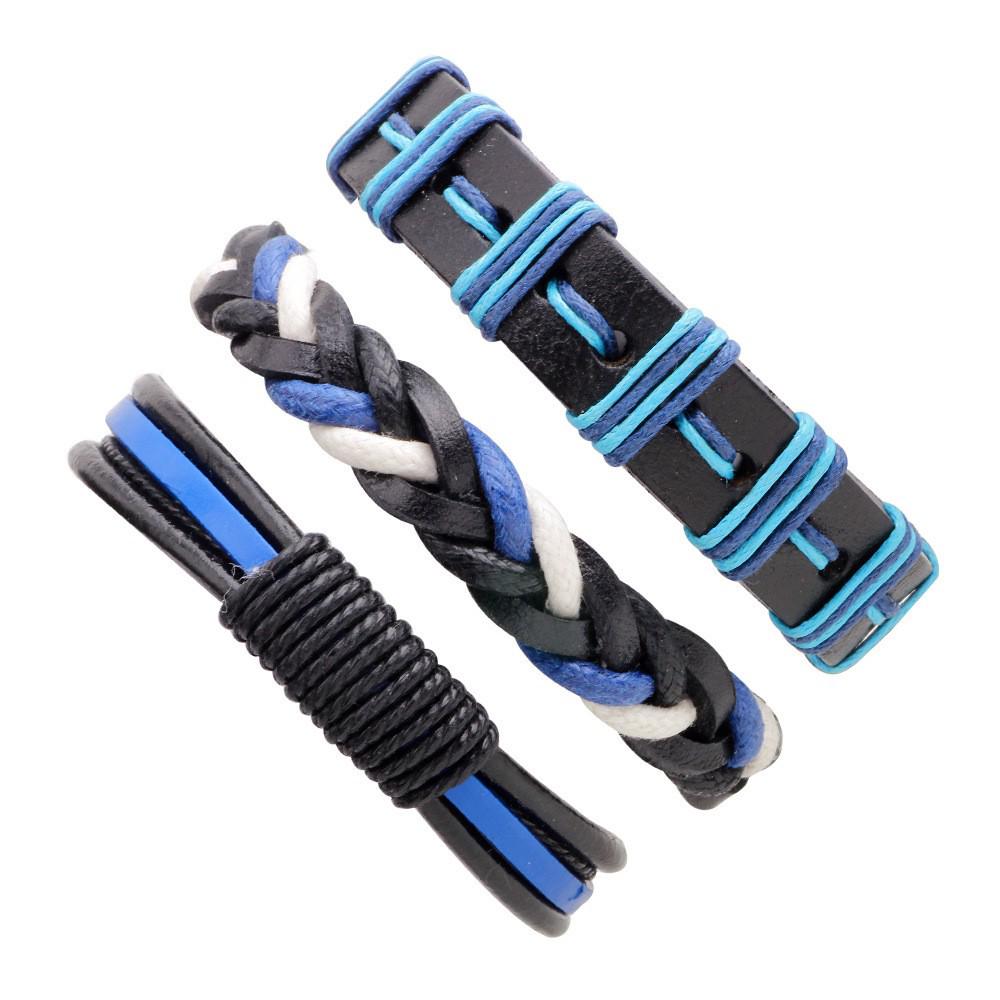 Men's Retro Multi-Strand Cowhide Anchor Bracelet Set with Wood Beads
