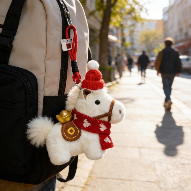 Adorable Plush Horse Mascots Keychain Featuring Festive Knitted Cap Scarf and Lucky Gold Ingot for Holiday Car Ornament Decoration