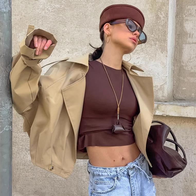Women's Khaki Short Trench Coat Regular Fit Lightweight Jacket