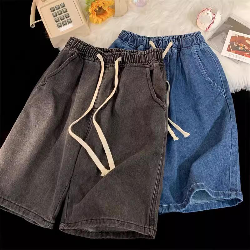 Vintage Men's Jeans Summer Loose Wide Leg Knee Length Shorts New Washed Fashion Short Denim Pants